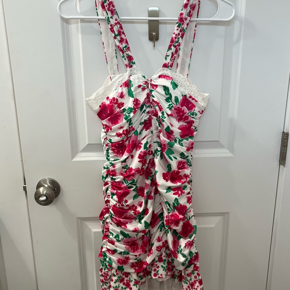 For Love and Lemons Petal Tank Dress Carnation Floral Pink and Green Mini Dress - Picture 2 of 3